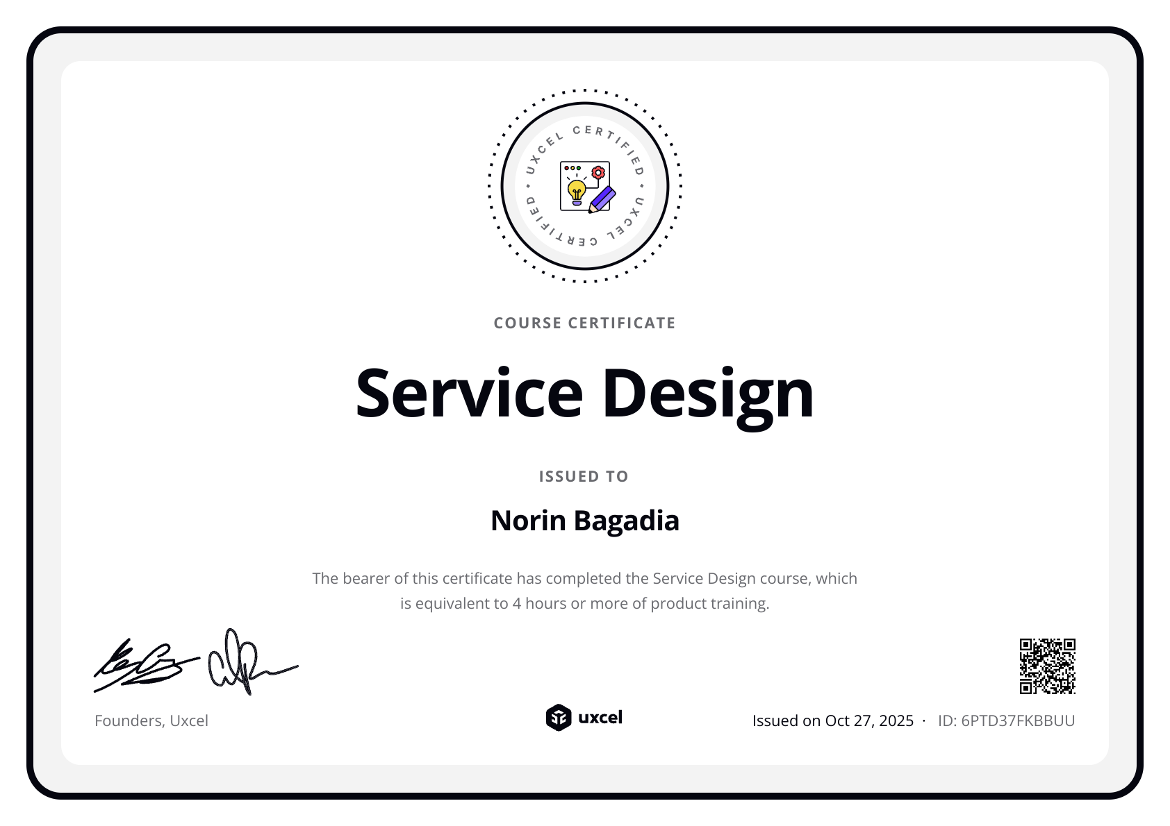 Norin Bagadia's certificate